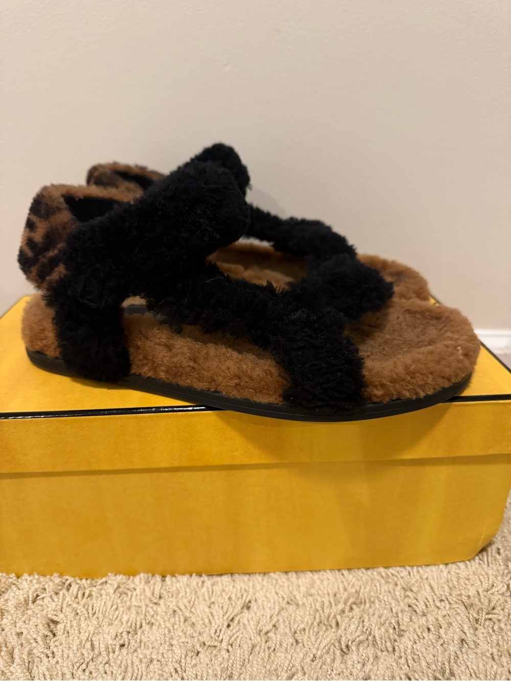 Fendi Black and Brown Shearling Slide Sandals